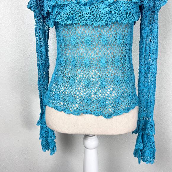 Lipsy London Turquoise Crochet Lace Off Shoulder Long Sleeve Top UK 14 Y2K Boho - Picture 2 of 5